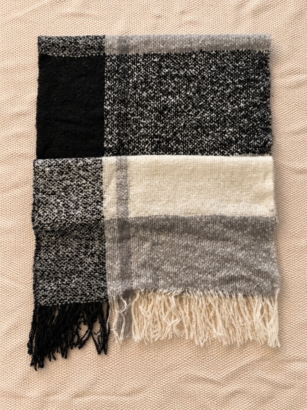 Black Gray Ivory Colorblock Bouclé Blanket Scarf Fringed Shawl Wrap